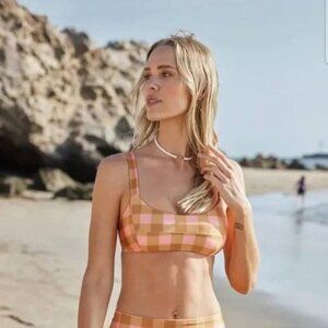 NWT L*Space x Seaesta Surf‎ Gingham Jess Bikini top Pink Tan XS